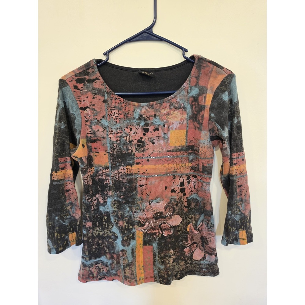 Katina Marie Abstract Floral Knit Top XS Made USA 3/4 Sleeve Artsy Boho Whimsy